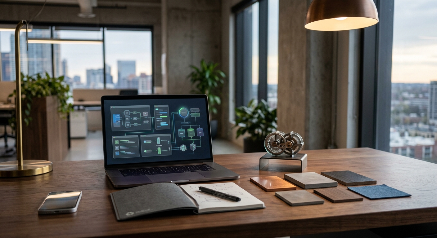 Premium strategy workspace showing coordinated digital and physical business systems planning