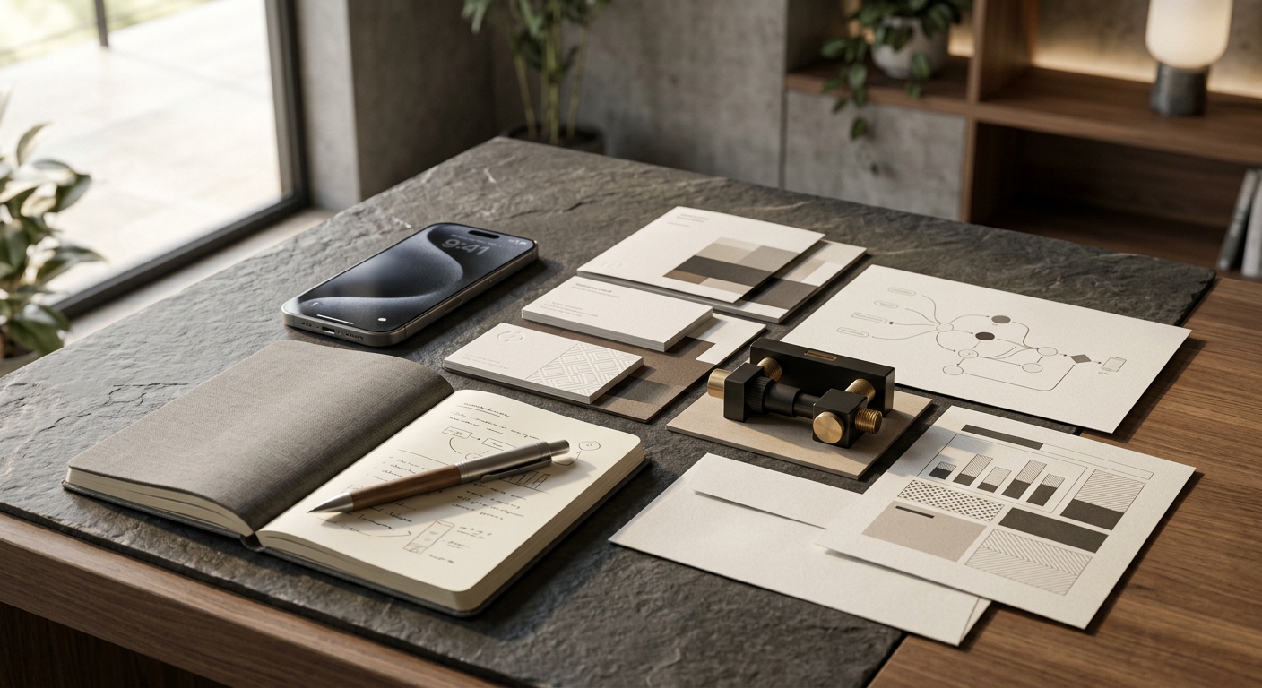 Premium still-life of coordinated business materials, prototype objects, and planning touchpoints