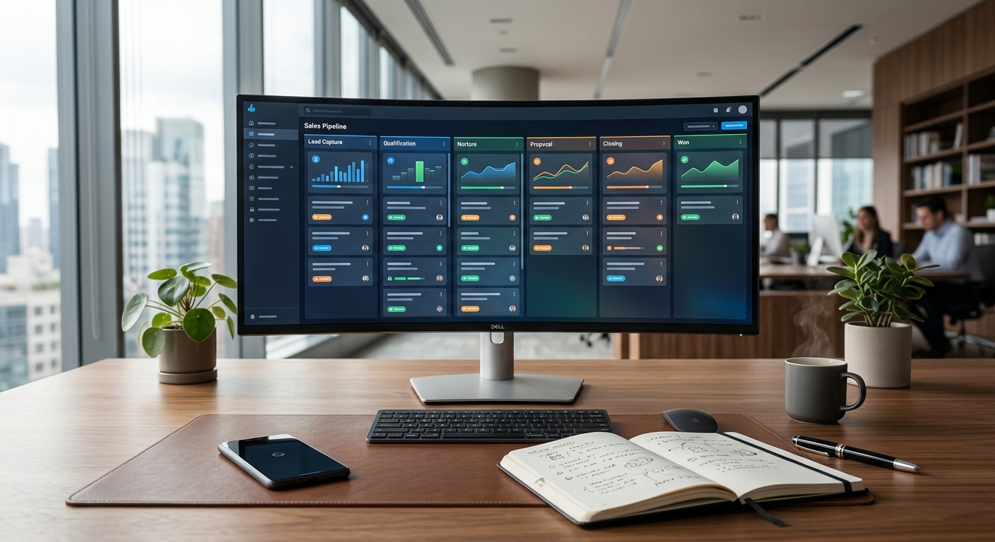 Premium business systems workspace representing CRM and lead pipeline automation