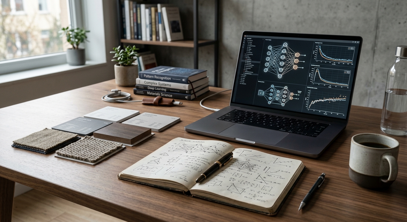 Premium workspace with technical planning materials representing custom AI model development
