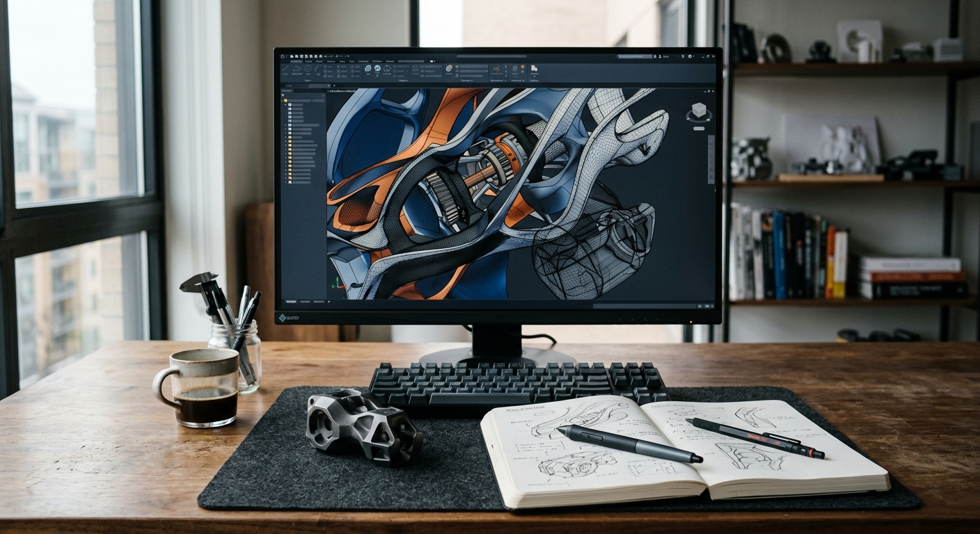 Premium technical design workspace with sketches and physical samples