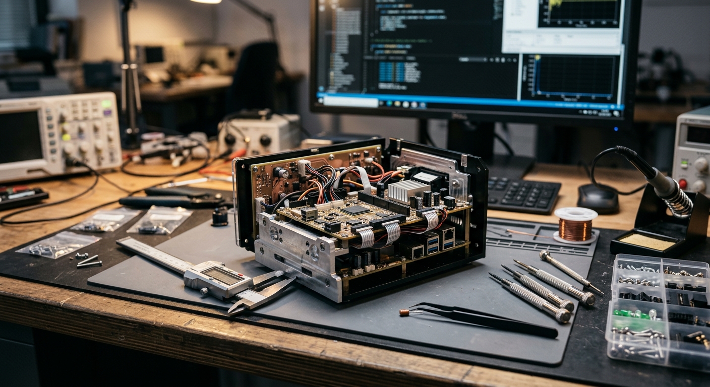 Premium studio workspace with a physical prototype object