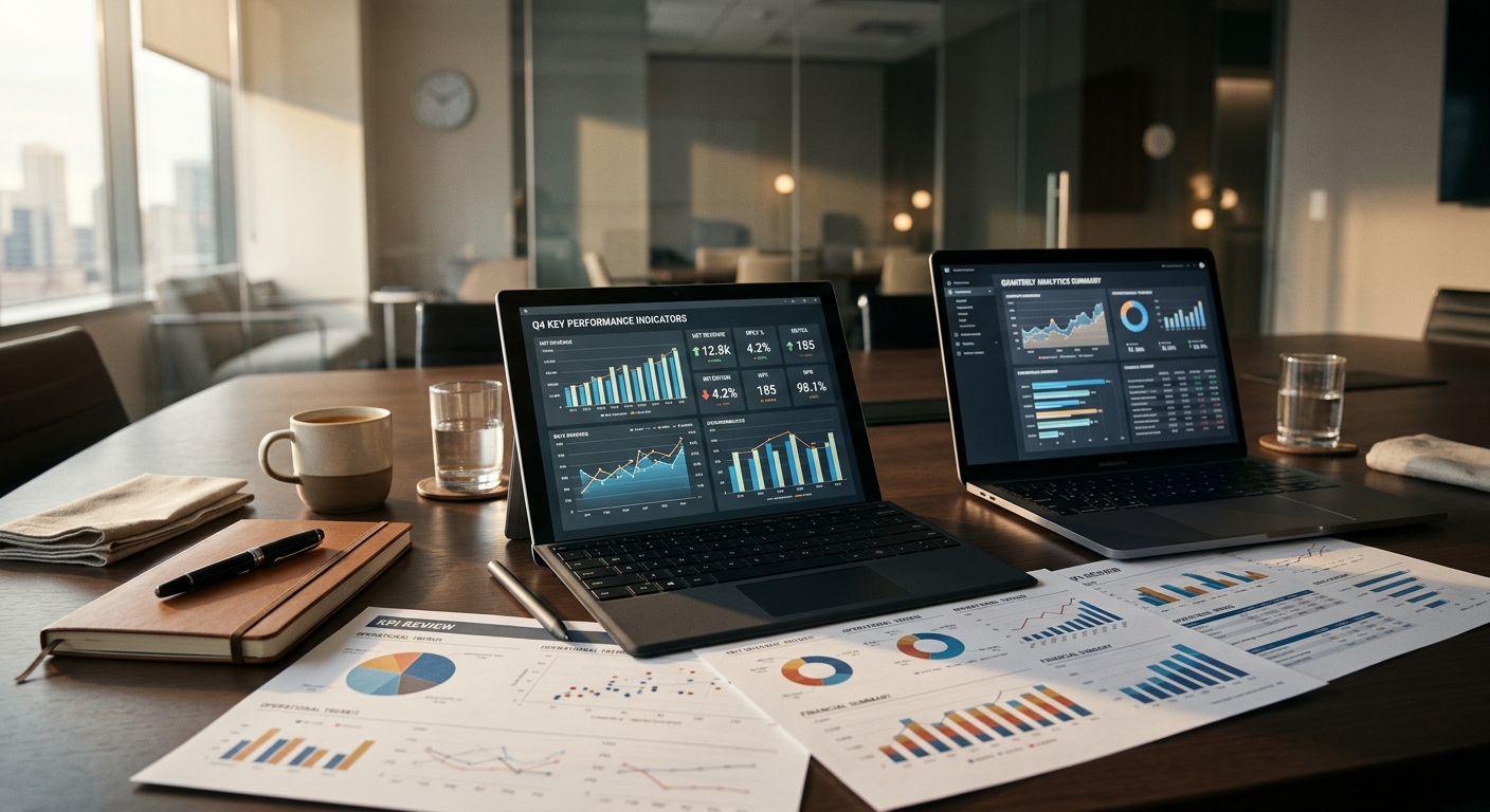 Premium reporting workspace with charts and review materials