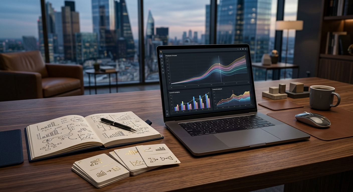 Premium planning workspace representing predictive analytics and forecasting