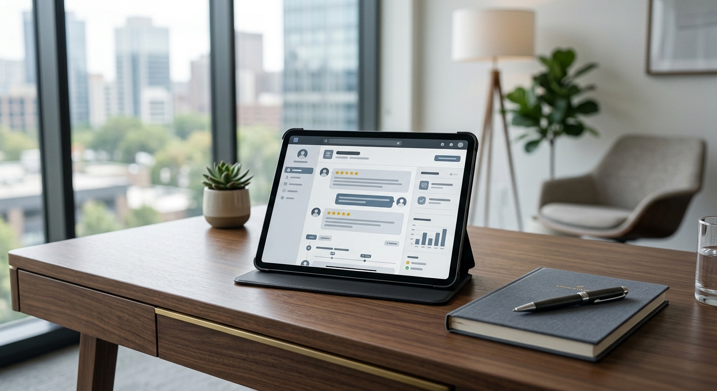 Premium review management scene with customer feedback visible on a tablet