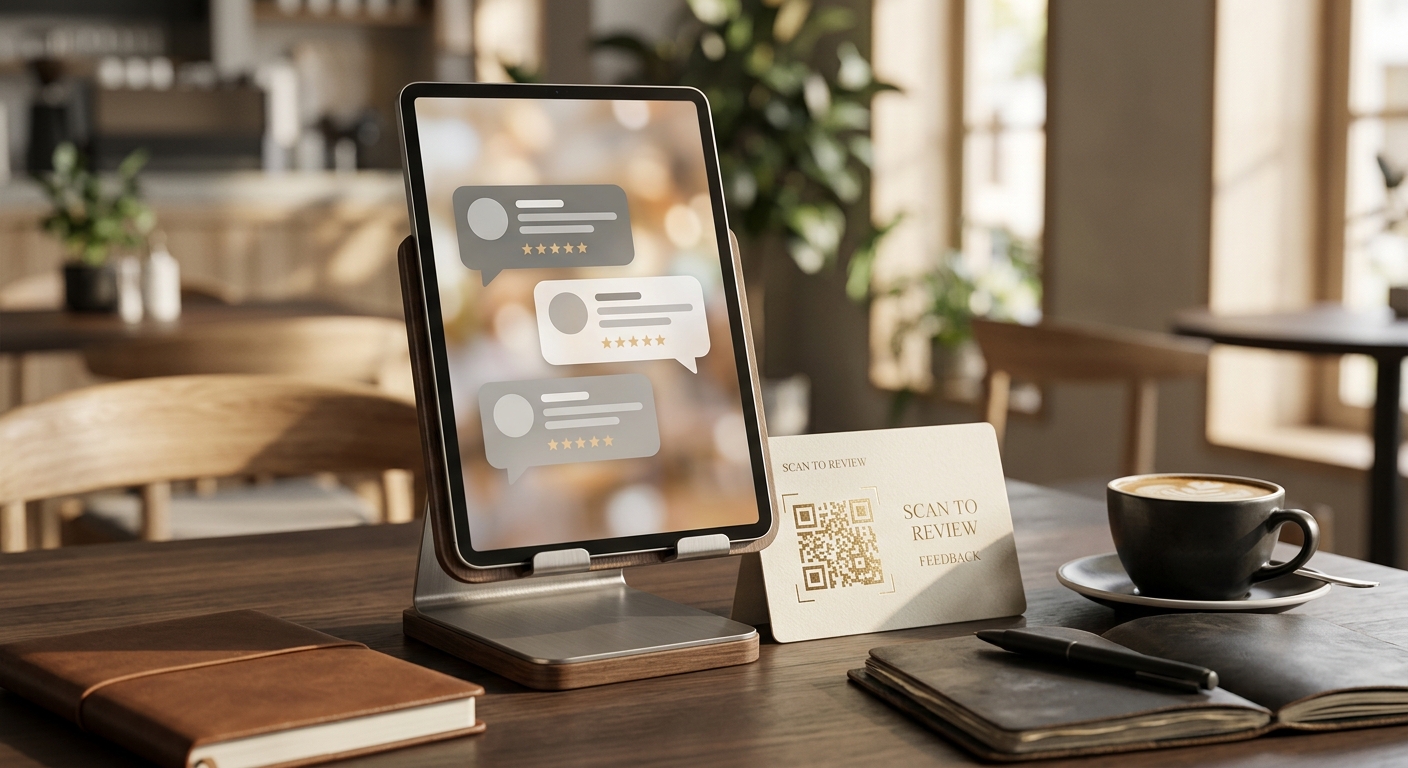 Business owner reviewing customer feedback on a tablet