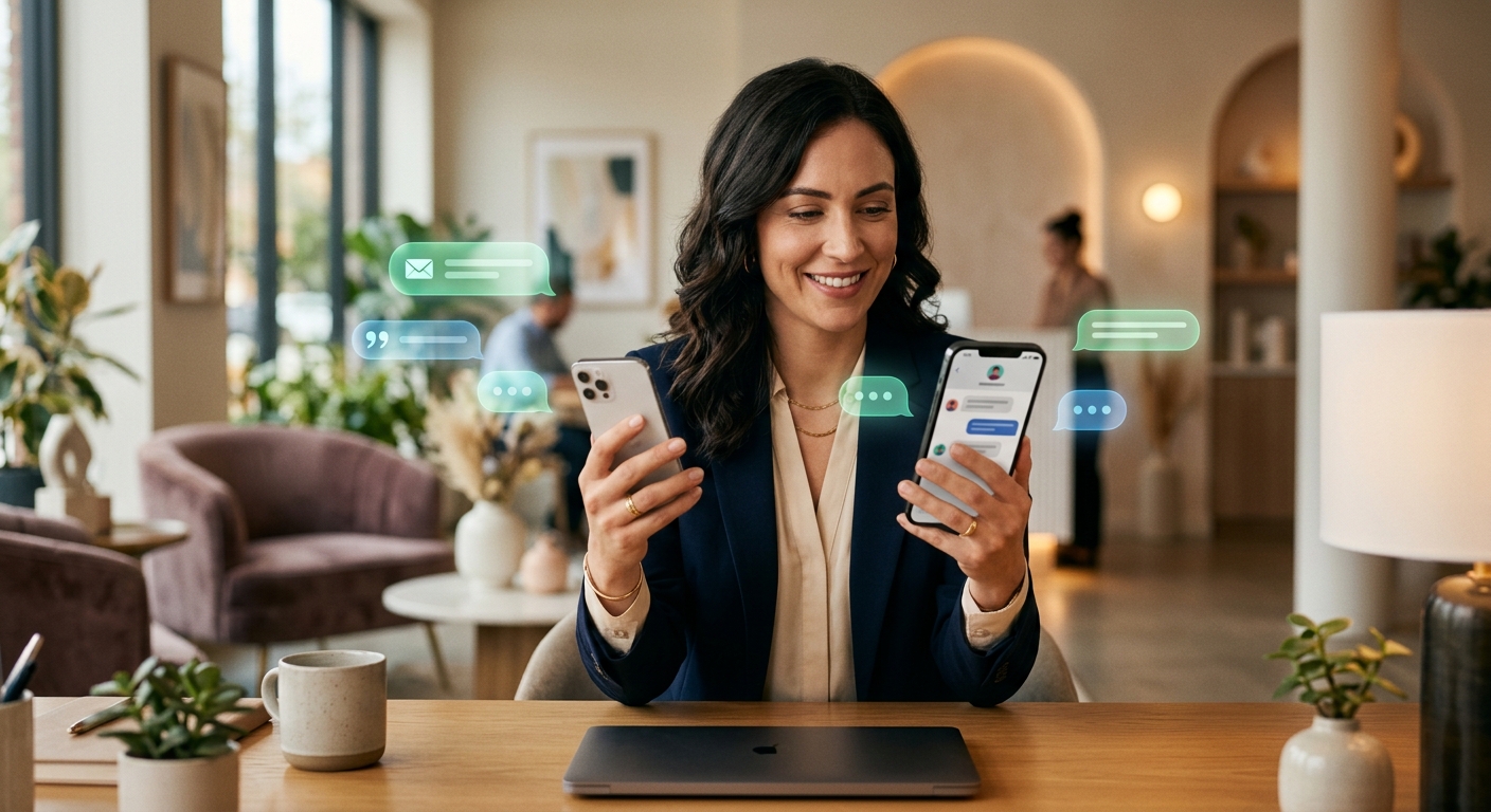 Business owner managing WhatsApp customer conversations in a premium setting