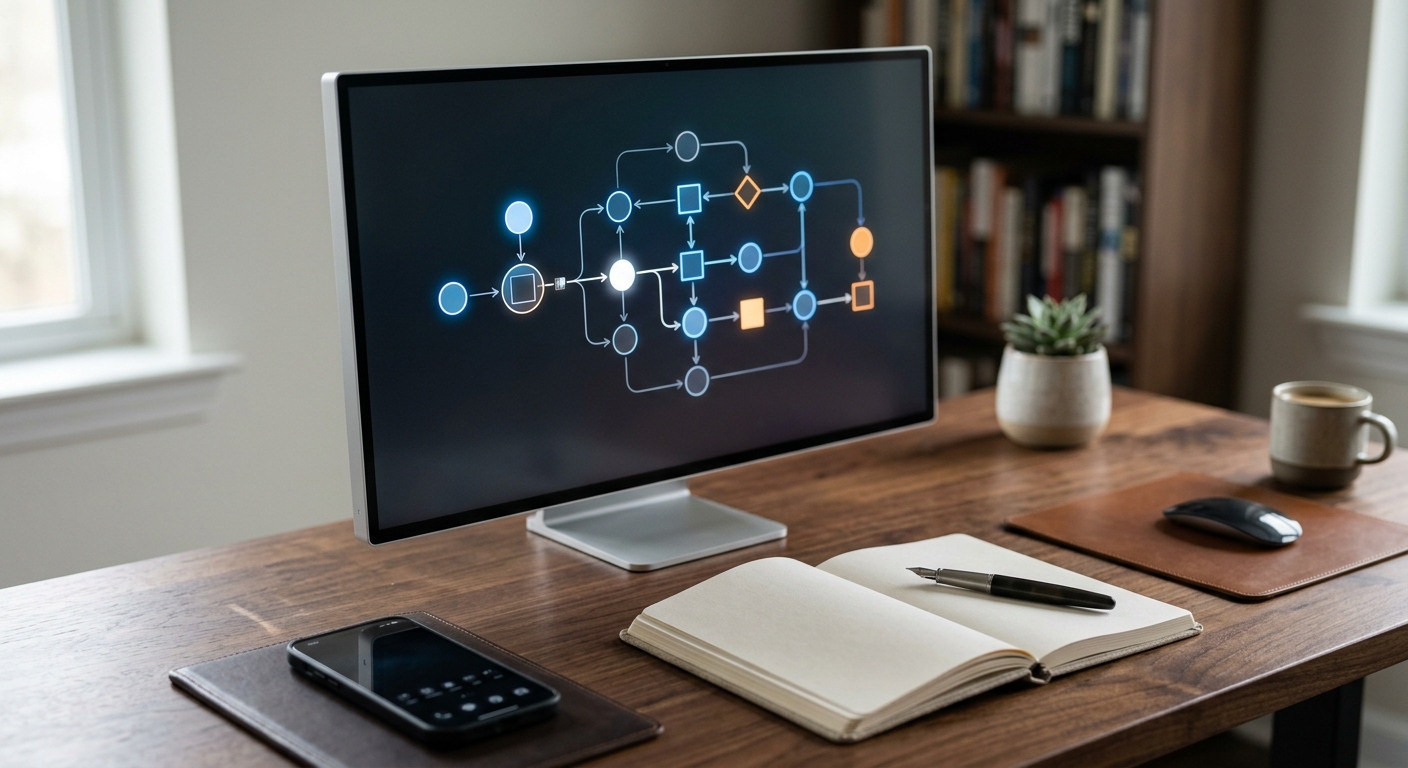 Premium business systems composition representing workflow automation across tools